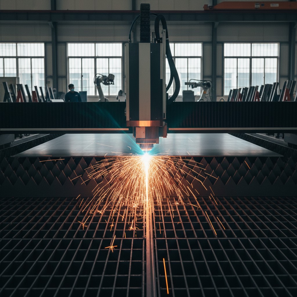 CAD-CAM laser cutting machine in operation. The robotic arm of a CNC machine is in the background.