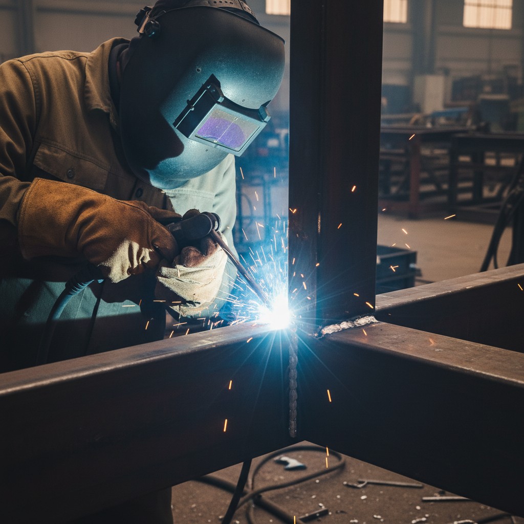 The image depicts a welder in the process of welding metal beams.